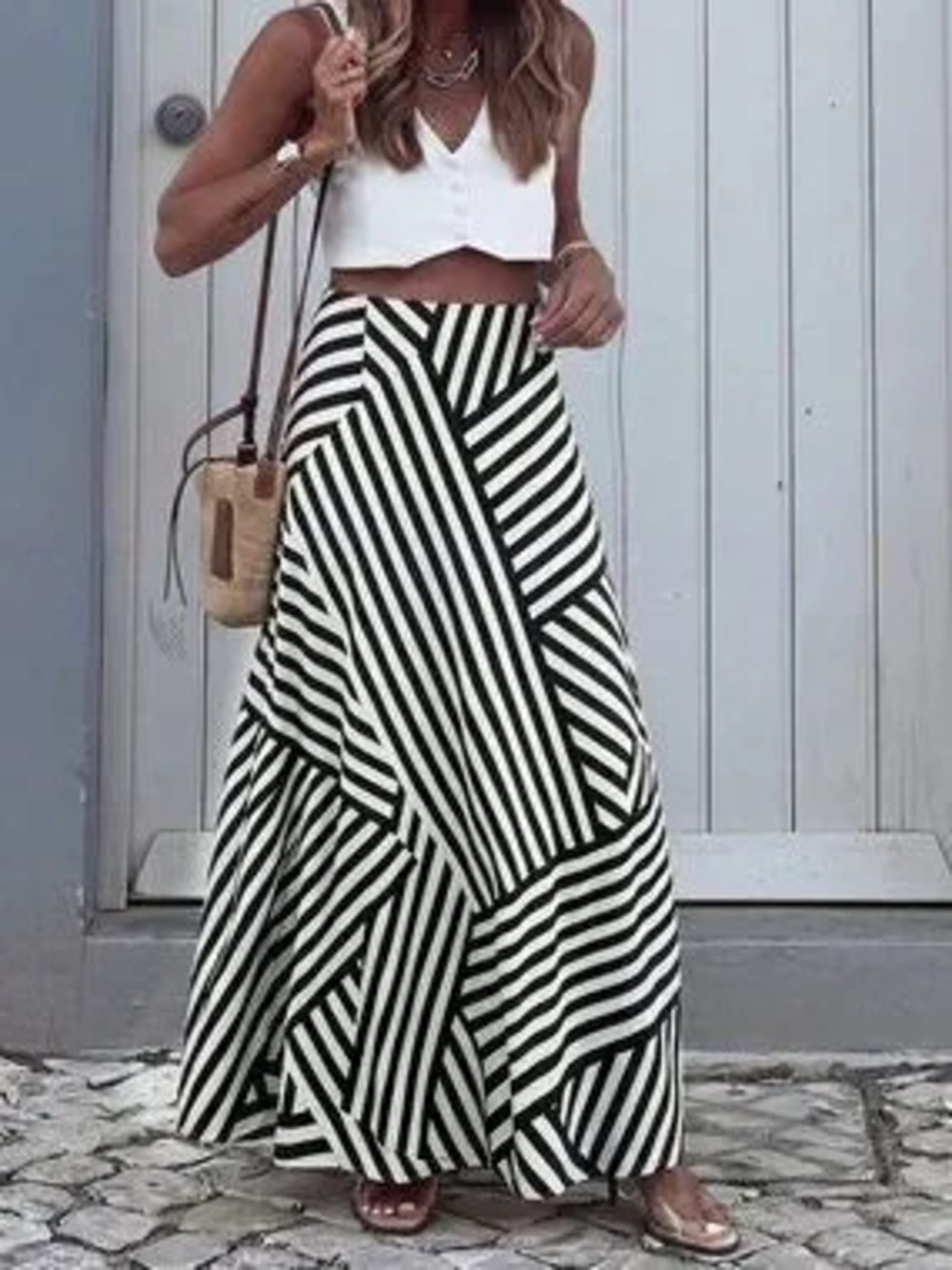 Black And White Casual Women's Striped Print Elastic Waist A-Line Skirt